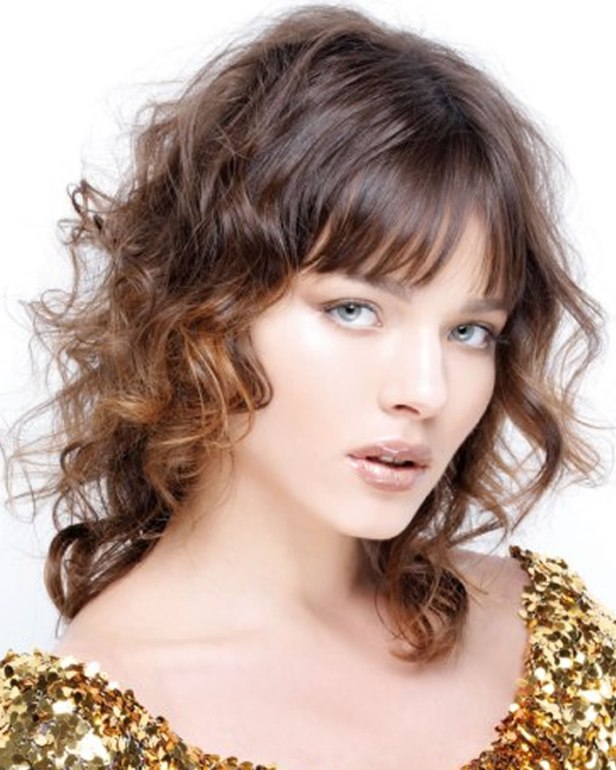 Brown balayage curly medium hair style for diamond face